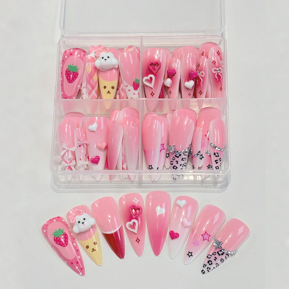 Nail Art Y2K - 96개 핑크 롱 스틸레토 프레스온 네일