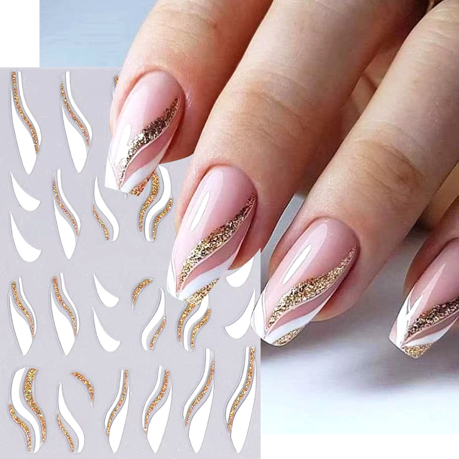 1pcs 골드 반짝이 프랑스어 디자인 네일 스티커 화이 - Nail Art Xmas Design 리뷰 및 가격