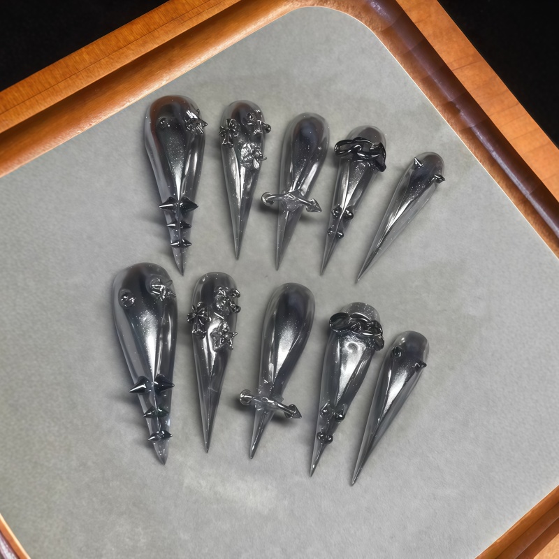 새로운 10개입 고딕 그레이 글리터 스틸레토 프레스온  - Nail Art Y2K 리뷰 및 가격