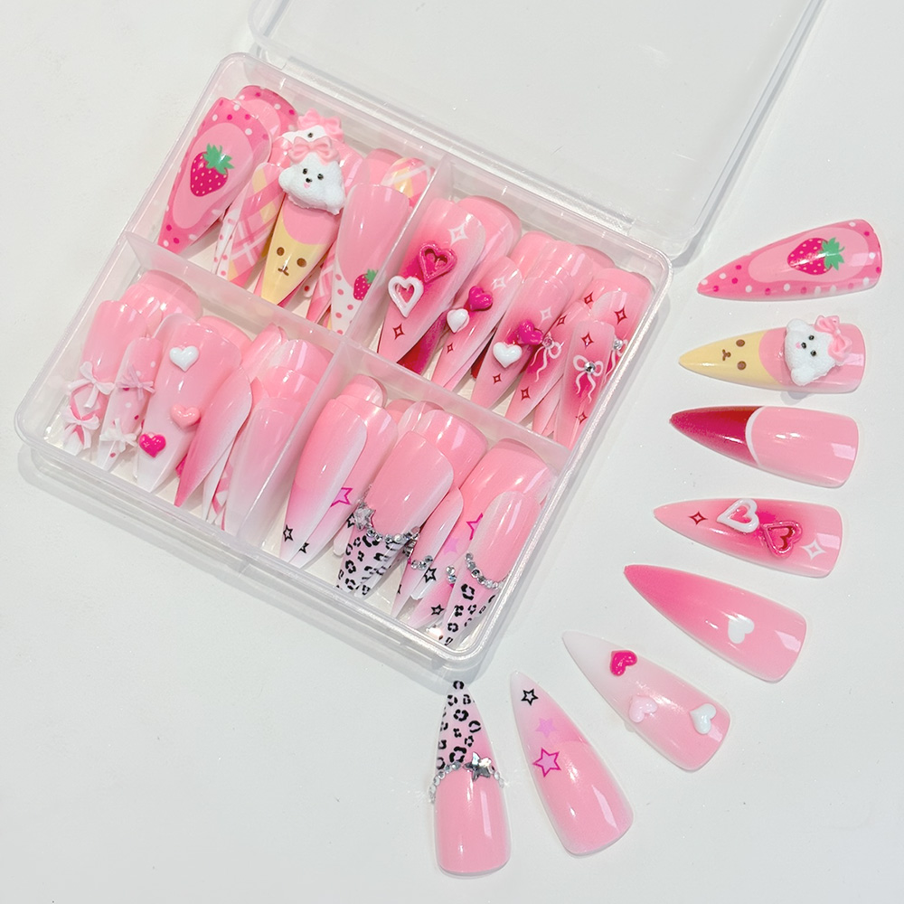 96개 핑크 롱 스틸레토 프레스온 네일 3D 귀여운 딸 - Nail Art Y2K 리뷰 및 가격