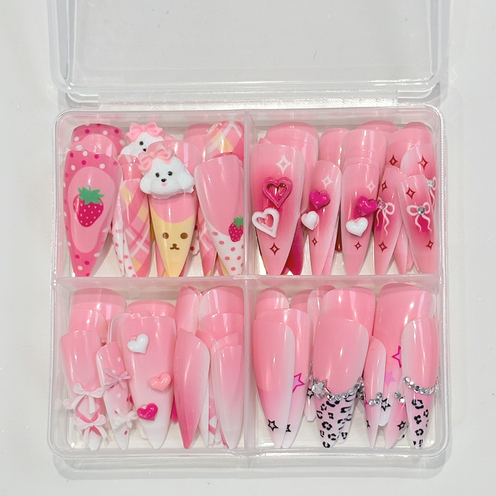 96개 핑크 롱 스틸레토 프레스온 네일 3D 귀여운 딸 - Nail Art Y2K 리뷰 및 가격