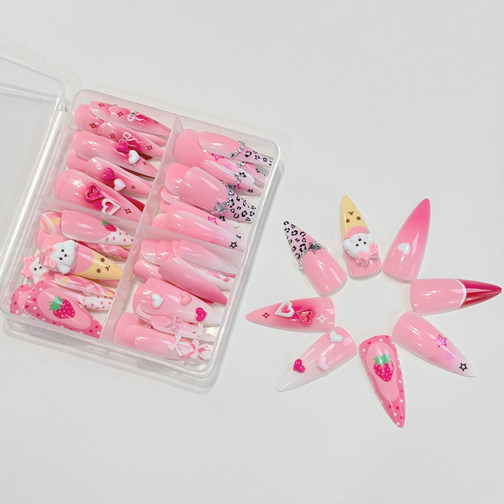 96개 핑크 롱 스틸레토 프레스온 네일 3D 귀여운 딸 - Nail Art Y2K 리뷰 및 가격